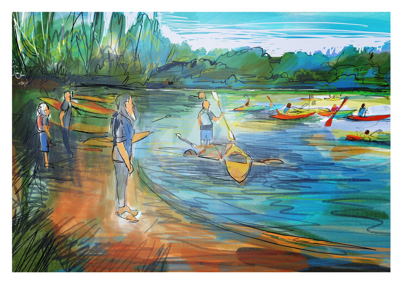 Artwork of foster children in canoes